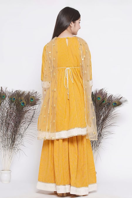 Shop_Little Bansi_Yellow Cotton, Chiffon Embroidery, Lace Thread Kurta Sharara Set 