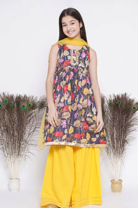 Little Bansi_Purple Cotton, Silk Gota Patti, Embroidery Lotus And Duck Print Kurta Sharara Set_at_Aza_Fashions