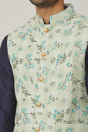Shop Spring Break Green Cotton, Silk Embroidery Floral Print Bundi And Kurta Set Online at Aza Fashions Shop_Spring Break_Green Cotton, Silk Embroidery Floral Print Bundi And Kurta Set _Online_at_Aza_Fashions
