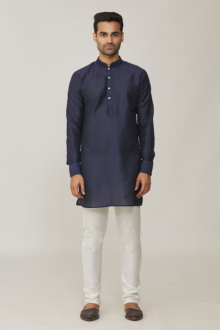 Spring Break_Blue Cotton, Silk Navy Pineapple Print Bundi And Kurta Set_Online_at_Aza_Fashions