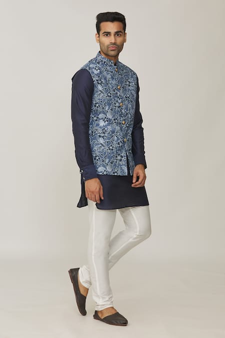 Buy_Spring Break_Blue Cotton, Silk Navy Pineapple Print Bundi And Kurta Set_Online_at_Aza_Fashions