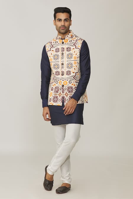 Spring Break Cream Cotton Silk Printed Flower Bundi And Kurta Set 