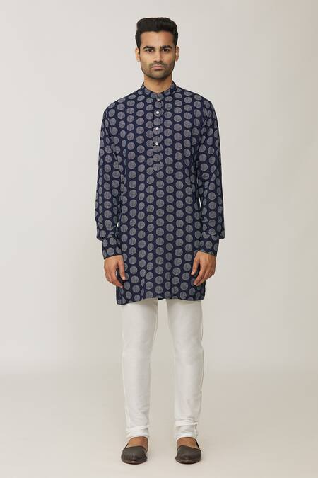 Spring Break_Blue Cotton Geometric Print Kurta Set_Online_at_Aza_Fashions