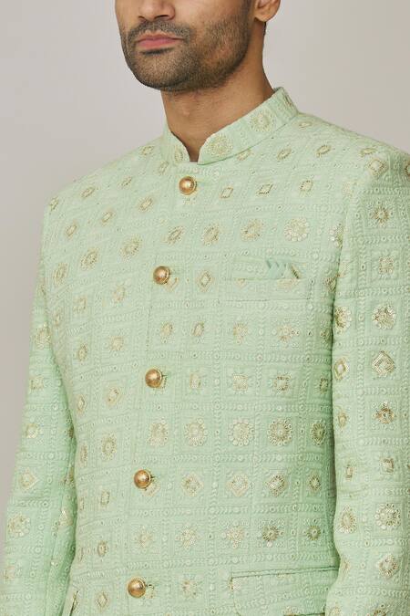 Shop_Spring Break_Green Polyester, Cotton Embroidery, Sequins Jodhpuri Jacket _Online_at_Aza_Fashions
