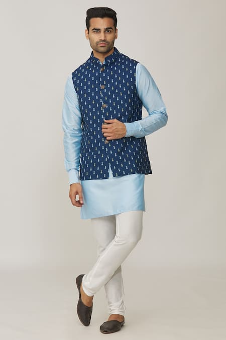 Spring Break Blue Polyester, Cotton Pineapple Print Bundi And Kurta Set