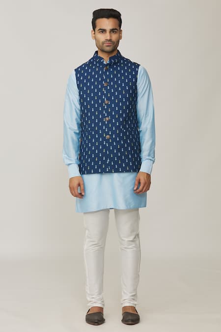 Buy Spring Break Blue Polyester, Cotton Pineapple Print Bundi And Kurta Set Online at Aza Fashions Buy_Spring Break_Blue Polyester, Cotton Pineapple Print Bundi And Kurta Set _Online_at_Aza_Fashions