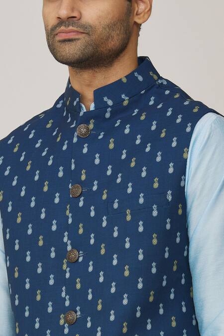 Spring Break Blue Polyester, Cotton Pineapple Print Bundi And Kurta Set at Aza Fashions Spring Break_Blue Polyester, Cotton Pineapple Print Bundi And Kurta Set _at_Aza_Fashions