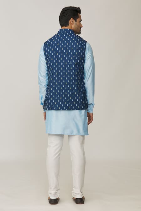 Shop Spring Break Blue Polyester, Cotton Pineapple Print Bundi And Kurta Set at Aza Fashions Shop_Spring Break_Blue Polyester, Cotton Pineapple Print Bundi And Kurta Set _at_Aza_Fashions