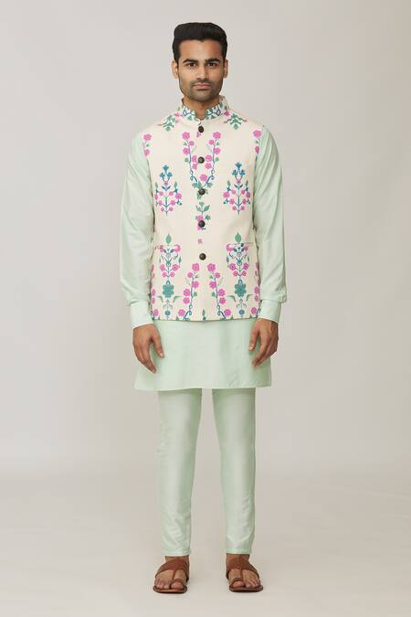 Buy_Spring Break_Cream Cotton, Silk Embroidery Garden Print Bundi And Kurta Set_Online_at_Aza_Fashions