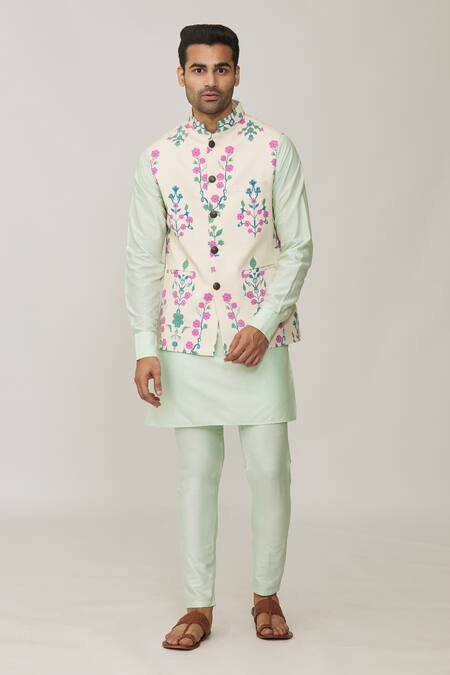 Shop_Spring Break_Cream Cotton, Silk Embroidery Garden Print Bundi And Kurta Set_Online_at_Aza_Fashions