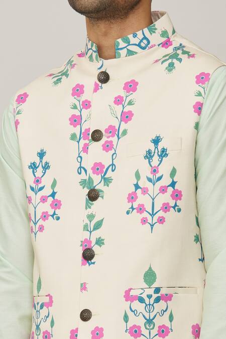 Spring Break_Cream Cotton, Silk Embroidery Garden Print Bundi And Kurta Set_at_Aza_Fashions