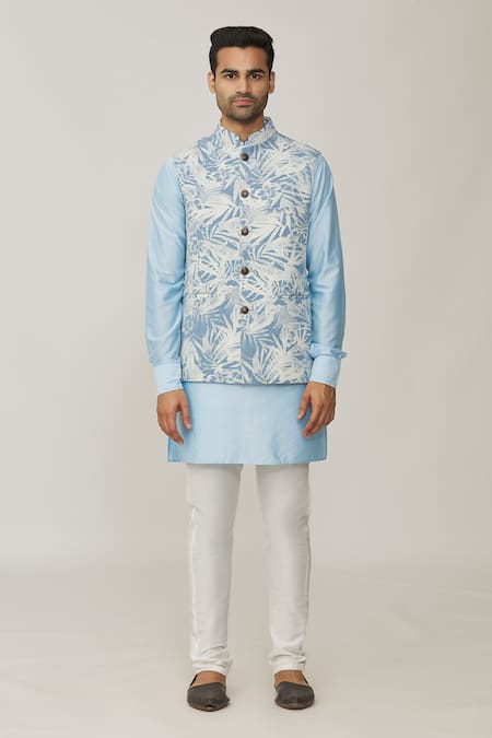 Buy_Spring Break_Blue Cotton, Silk Tropical Print Bundi And Kurta Set _Online_at_Aza_Fashions