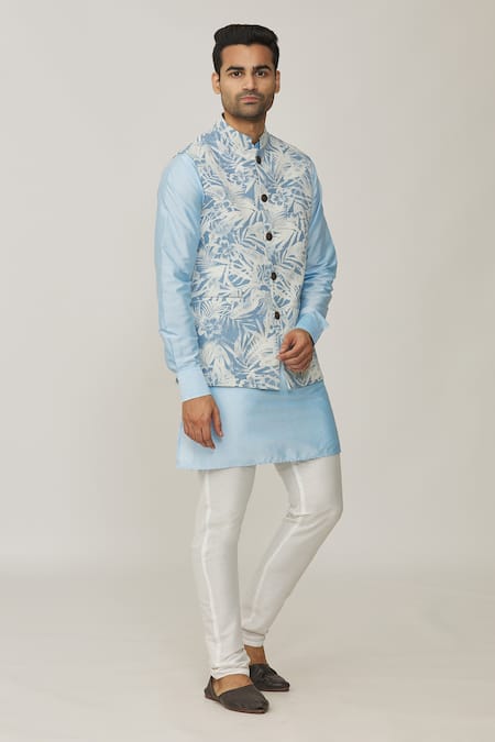 Shop_Spring Break_Blue Cotton, Silk Tropical Print Bundi And Kurta Set _Online_at_Aza_Fashions