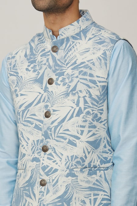 Spring Break_Blue Cotton, Silk Tropical Print Bundi And Kurta Set _at_Aza_Fashions