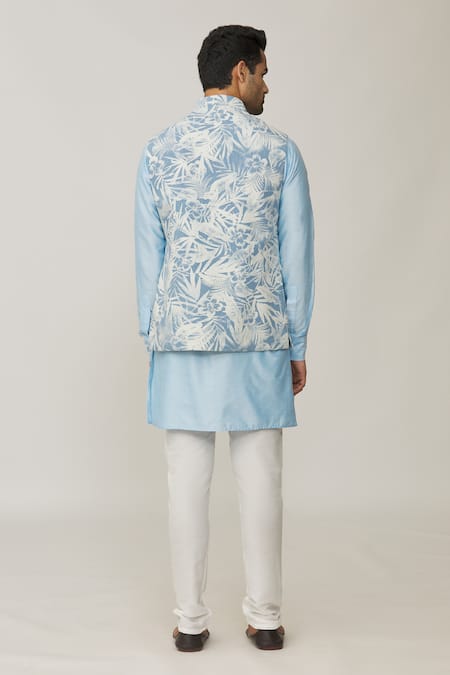 Shop_Spring Break_Blue Cotton, Silk Tropical Print Bundi And Kurta Set _at_Aza_Fashions
