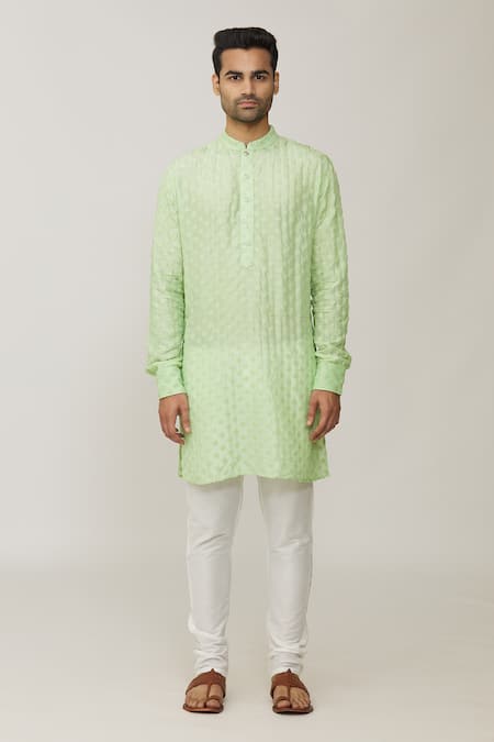 Spring Break_Green Polyester, Cotton Embroidery Thread Kurta Set _Online_at_Aza_Fashions