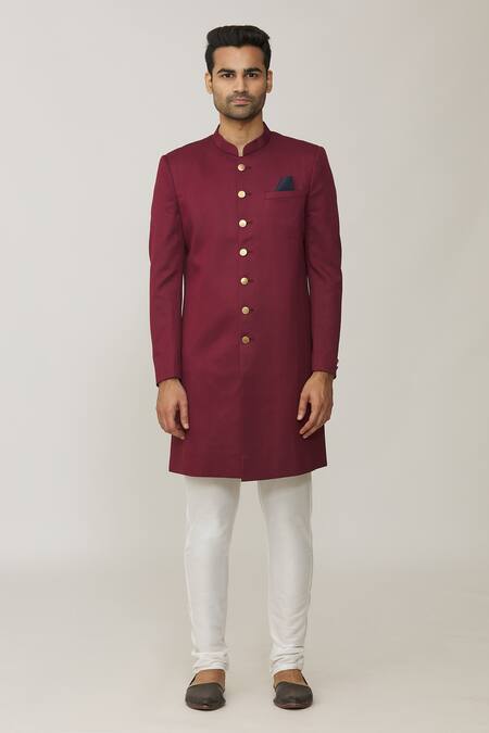 Spring Break_Maroon Terrycloth Solid Sherwani Set _Online_at_Aza_Fashions