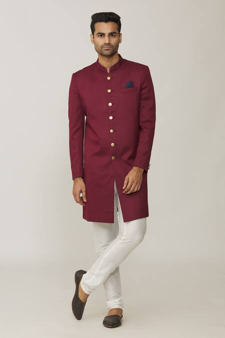Buy_Spring Break_Maroon Terrycloth Solid Sherwani Set _Online_at_Aza_Fashions