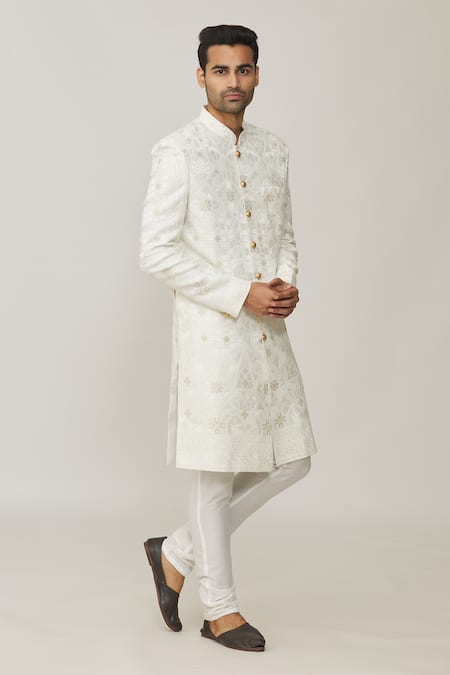 Buy_Spring Break_White Polyester, Cotton Embroidery Lucknowi Sherwani Set _Online_at_Aza_Fashions