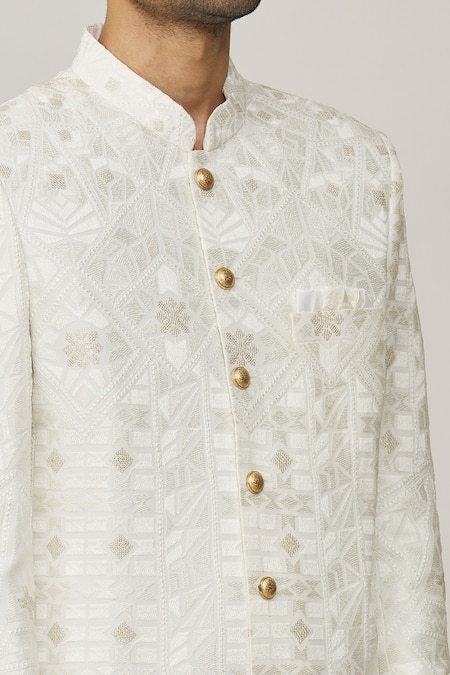 Shop_Spring Break_White Polyester, Cotton Embroidery Lucknowi Sherwani Set _Online_at_Aza_Fashions