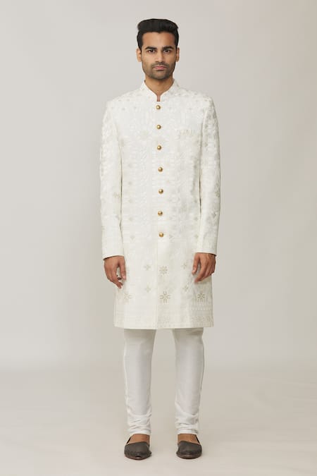 Spring Break_White Polyester, Cotton Embroidery Lucknowi Sherwani Set _at_Aza_Fashions