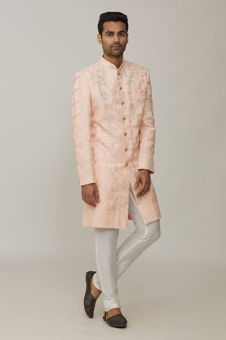 Spring Break Pink Polyester Cotton Embroidery Lucknowi Full Sleeve Sherwani Set