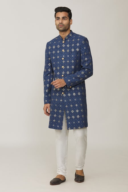 Spring Break Blue Polyester Cotton Embroidery Lucknowi Full Sleeve Sherwani Set