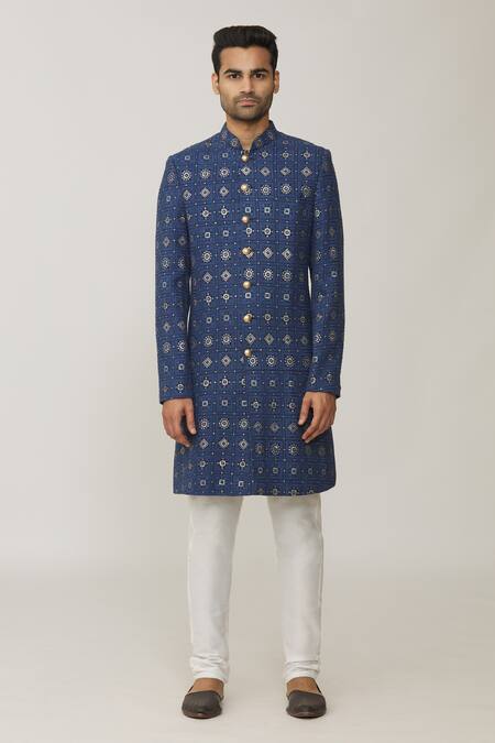 Spring Break_Blue Polyester, Cotton Embroidery Full Sleeve Lucknowi Sherwani Set _Online_at_Aza_Fashions