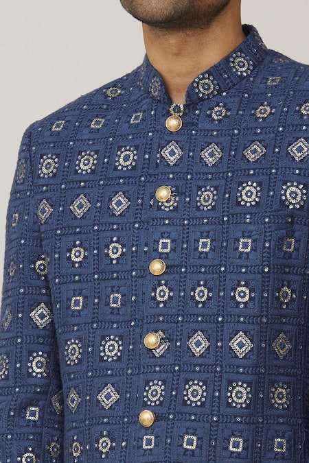 Shop_Spring Break_Blue Polyester, Cotton Embroidery Full Sleeve Lucknowi Sherwani Set _Online_at_Aza_Fashions