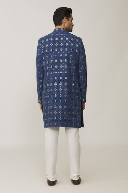 Shop_Spring Break_Blue Polyester, Cotton Embroidery Full Sleeve Lucknowi Sherwani Set _at_Aza_Fashions