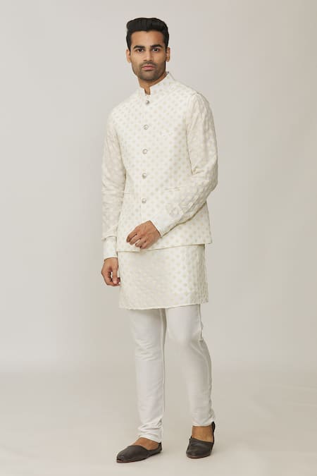 Spring Break_White Polyester, Cotton Embroidery Geometric Thread Bundi Set _Online_at_Aza_Fashions