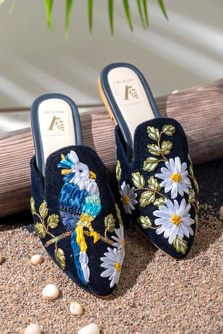 House of Vian - Blue Ribbon Macaw Embroidered Mules