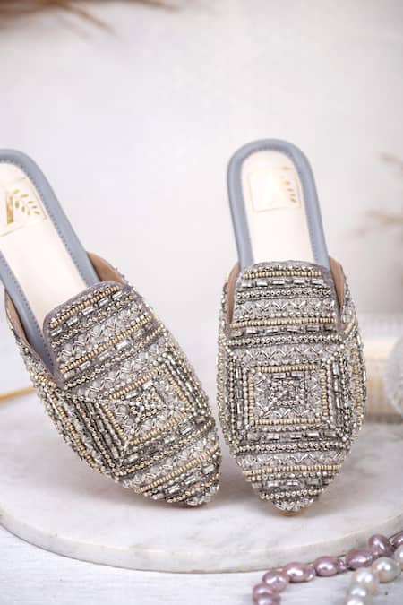 House Of Vian Silver Stella Geometric Embellished Mules Online at Aza Fashions House Of Vian_Silver Stella Geometric Embellished Mules _Online_at_Aza_Fashions