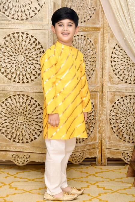 Saka Designs_Yellow , Satin Foil Printing Kurta Set_Online_at_Aza_Fashions
