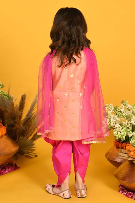 Shop Saka Designs Peach , Net, Satin Gota Circular Motif Pattern Kurta And Dhoti Pant Set at Aza Fashions Shop_Saka Designs_Peach , Net, Satin Gota Circular Motif Pattern Kurta And Dhoti Pant Set_at_Aza_Fashions