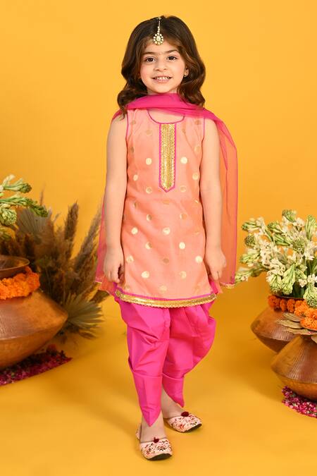 Saka Designs Peach , Net, Satin Gota Circular Motif Pattern Kurta And Dhoti Pant Set Online at Aza Fashions Saka Designs_Peach , Net, Satin Gota Circular Motif Pattern Kurta And Dhoti Pant Set_Online_at_Aza_Fashions