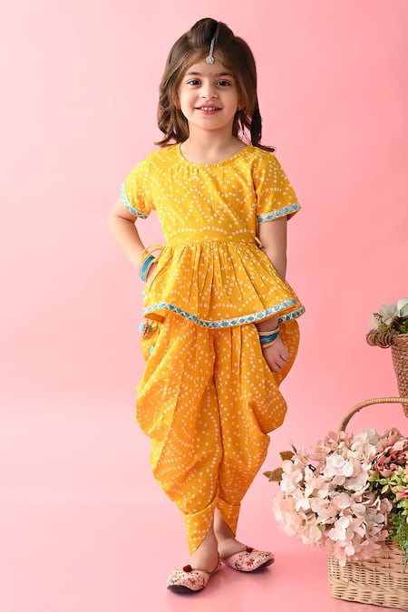 MATARGASHTI - Asymmetrical Long Kurta with Dhoti Pants - Yellow - Ishnya