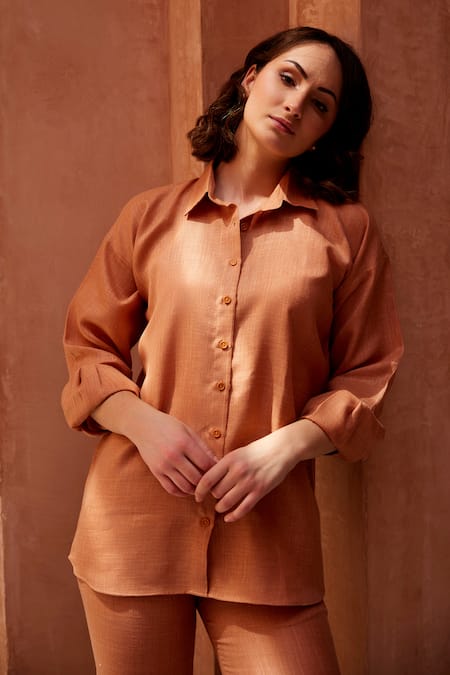 Buy Palak Khandelwal Orange Linen Shawl Neck Shirt And Pant Set Online at Aza Fashions Buy_Palak Khandelwal_Orange Linen Shawl Neck Shirt And Pant Set _Online_at_Aza_Fashions