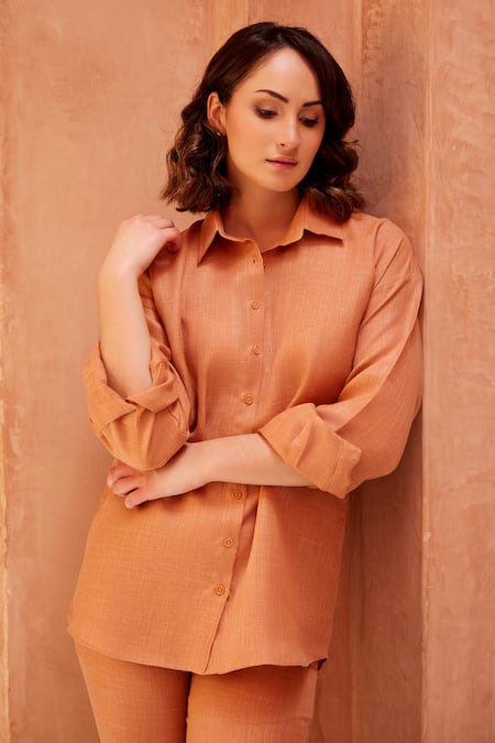 Shop Palak Khandelwal Orange Linen Shawl Neck Shirt And Pant Set Online at Aza Fashions Shop_Palak Khandelwal_Orange Linen Shawl Neck Shirt And Pant Set _Online_at_Aza_Fashions