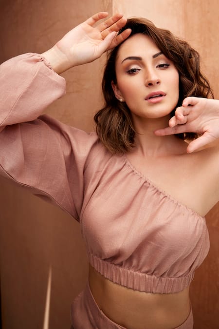 Palak Khandelwal Pink Linen One Shoulder Top And Pant Set at Aza Fashions Palak Khandelwal_Pink Linen One Shoulder Top And Pant Set _at_Aza_Fashions