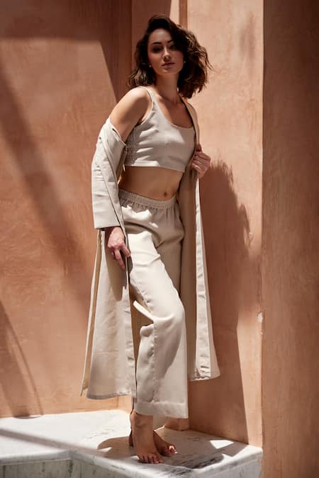 Buy_Palak Khandelwal_Grey Linen Round , Open Jacket And Pant Set _Online_at_Aza_Fashions