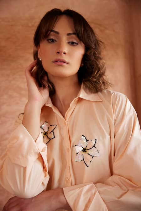 Shop Palak Khandelwal Peach Cotton Sequins, Pearls Collared Patch Shirt Online at Aza Fashions Shop_Palak Khandelwal_Peach Cotton Sequins, Pearls Collared Patch Shirt _Online_at_Aza_Fashions
