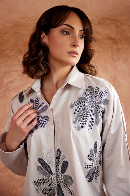 Shop_Palak Khandelwal_Grey Cotton Embroidery Collared Resham Floral Patch Shirt _Online_at_Aza_Fashions