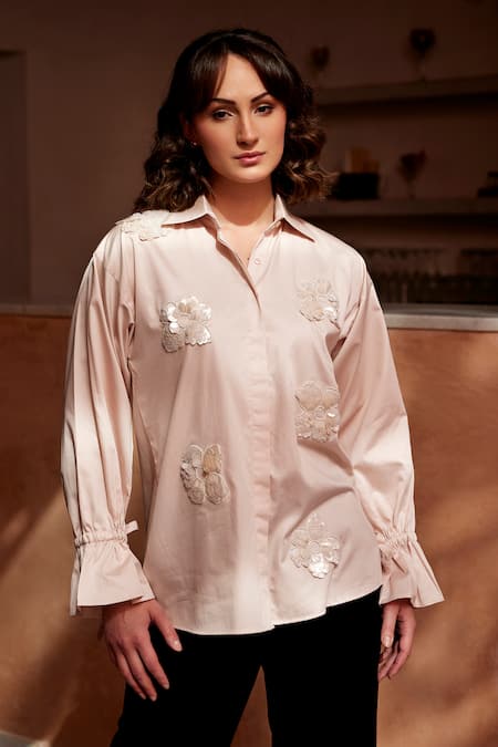 Palak Khandelwal Cream Cotton Pearls, Sequins Shawl Neck And Floral Patch Shirt Online at Aza Fashions Palak Khandelwal_Cream Cotton Pearls, Sequins Shawl Neck And Floral Patch Shirt _Online_at_Aza_Fashions