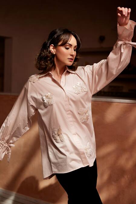 Buy Palak Khandelwal Cream Cotton Pearls, Sequins Shawl Neck And Floral Patch Shirt Online at Aza Fashions Buy_Palak Khandelwal_Cream Cotton Pearls, Sequins Shawl Neck And Floral Patch Shirt _Online_at_Aza_Fashions