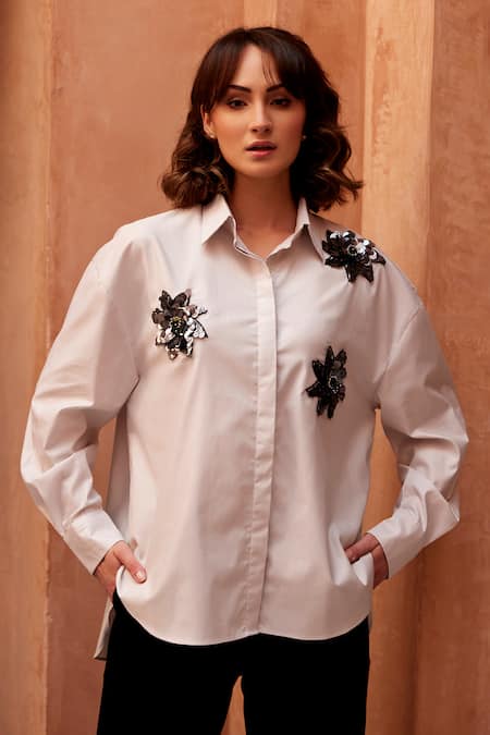 Buy Palak Khandelwal Grey Cotton Pearls, Sequins Shawl Neck Floral Patch Shirt Online at Aza Fashions Buy_Palak Khandelwal_Grey Cotton Pearls, Sequins Shawl Neck Floral Patch Shirt _Online_at_Aza_Fashions