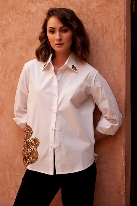 Palak Khandelwal_White Cotton Sequins Shawl Neck Abstract Patch Shirt _Online_at_Aza_Fashions
