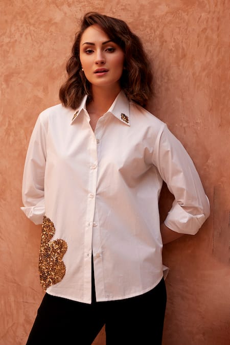 Buy_Palak Khandelwal_White Cotton Sequins Shawl Neck Abstract Patch Shirt _Online_at_Aza_Fashions