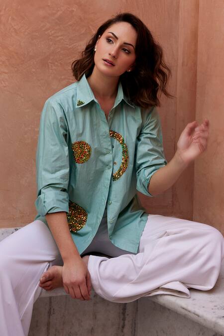 Palak Khandelwal_Green Cotton Sequins Shawl Neck Embroidered Shirt _Online_at_Aza_Fashions
