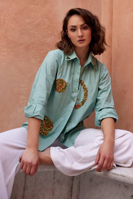 Buy_Palak Khandelwal_Green Cotton Sequins Shawl Neck Embroidered Shirt _Online_at_Aza_Fashions